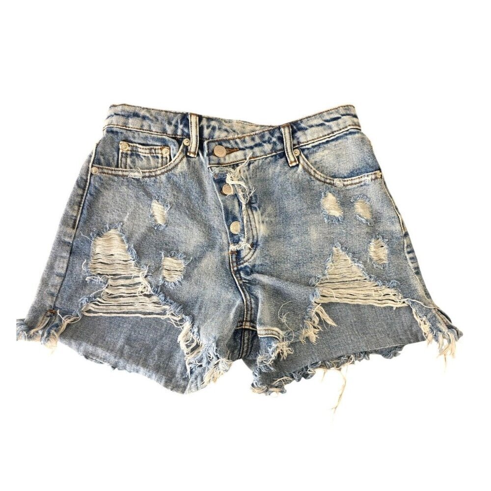 Signature 8 Distress High Rise Denim Cutoff Shorts Women Sz S Asymmetric Btn Fly